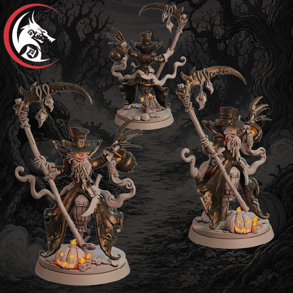 Three unpainted tabletop gaming miniatures of grim reaper characters with scythe weapons, shown on a dark illustrated forest background. The figures have beige skin and hair, brown and gray robes, and gold-toned armor details, with carved pumpkins on their bases.