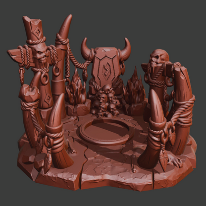 Wooden sculpture of a fantasy scene with two figures and a central altar.