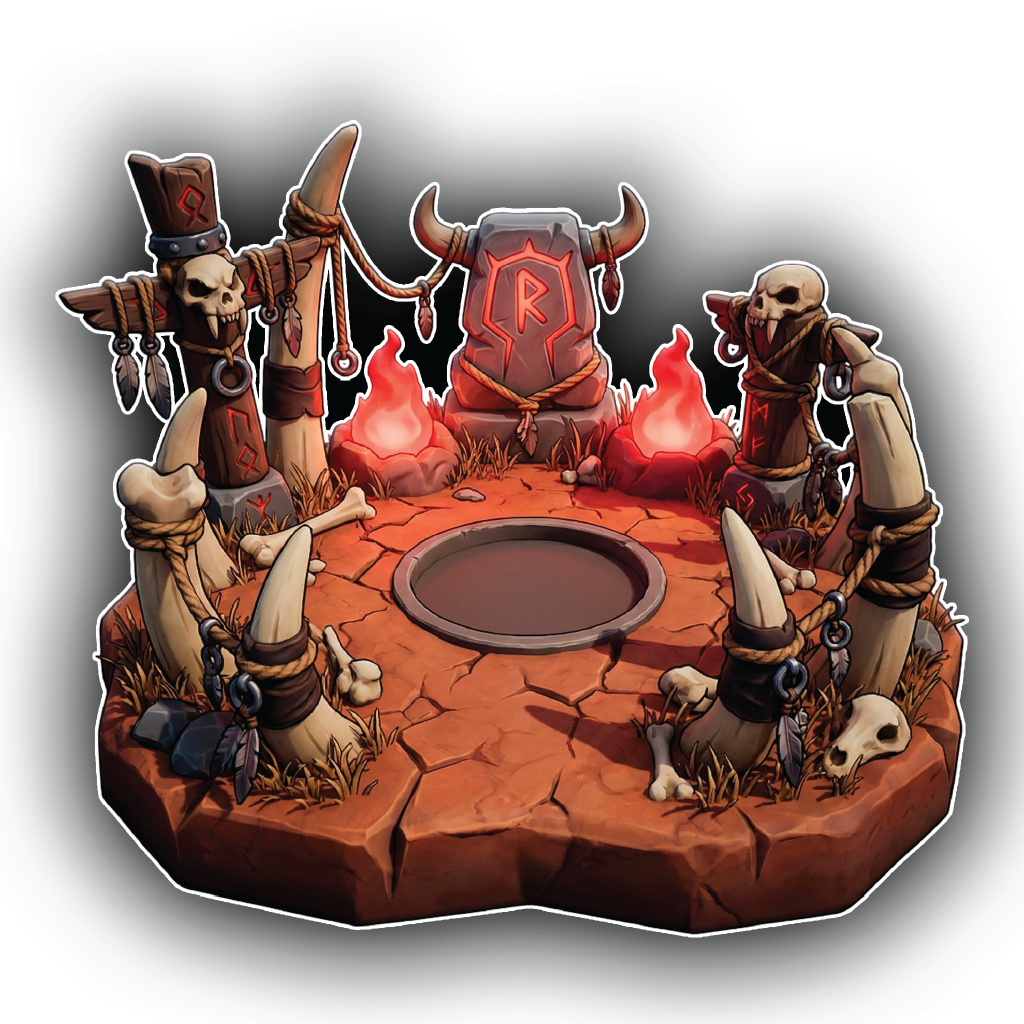 Decorative scene with a central fire pit surrounded by skeleton figures and a central figure with a helmet and axe.