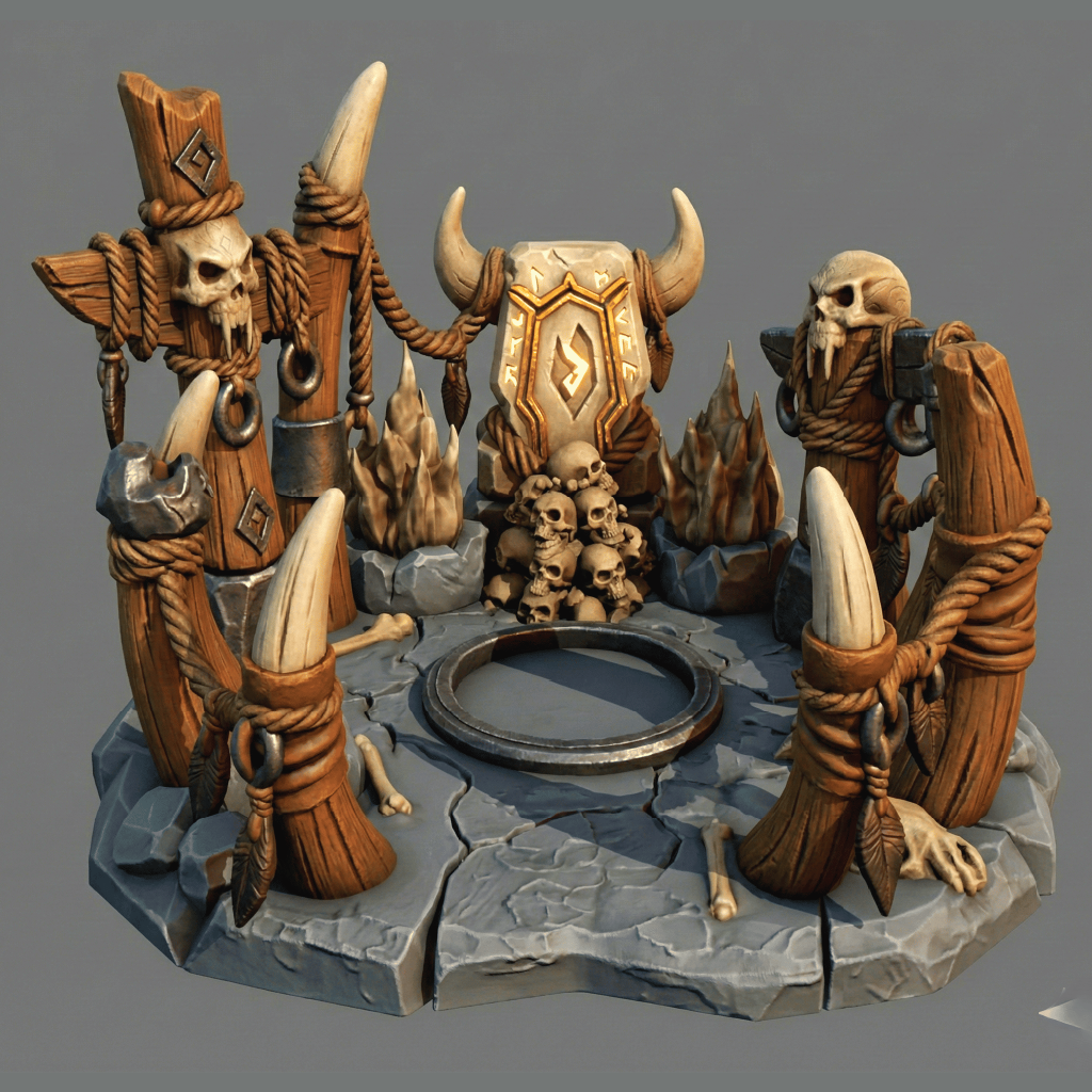 Decorative scene with stone figures, skulls, and a central stone circle on a gray background