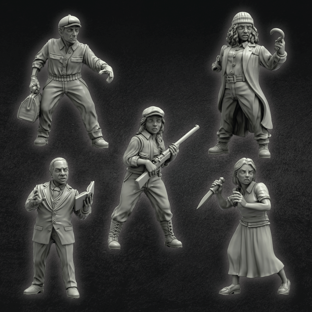 Set of six gray-scale figurines with various poses and props on a textured black background