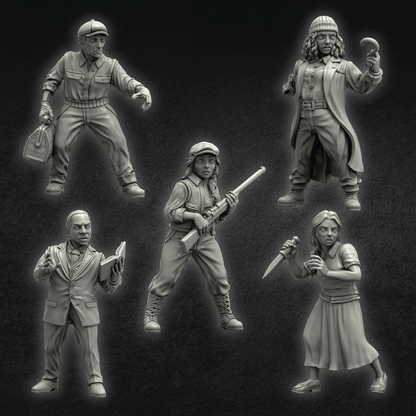 Set of six gray-scale figurines with various poses and props on a textured black background