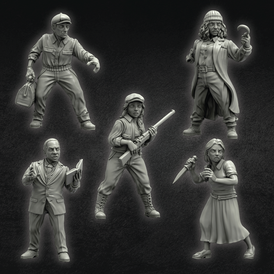 Set of six gray-scale figurines with various poses and props on a textured black background