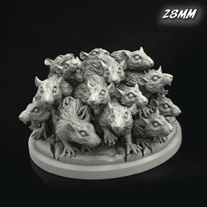 Group of rat-like creatures on a base with '28MM' text, black background