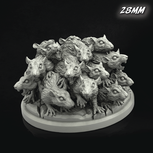 Group of rat-like creatures on a base with '28MM' text, black background
