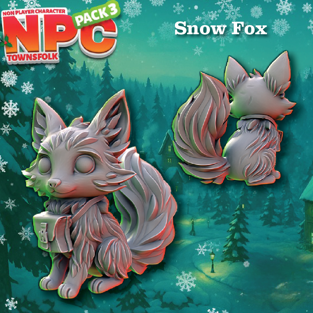 A promotional graphic for a snow fox NPC character from the game Noir Player Character Pack 3 (NPC Townsfolk). The image shows a 3D-rendered snow fox holding a mug, with a second view of the same design on the right, set against a snowy winter forest background.