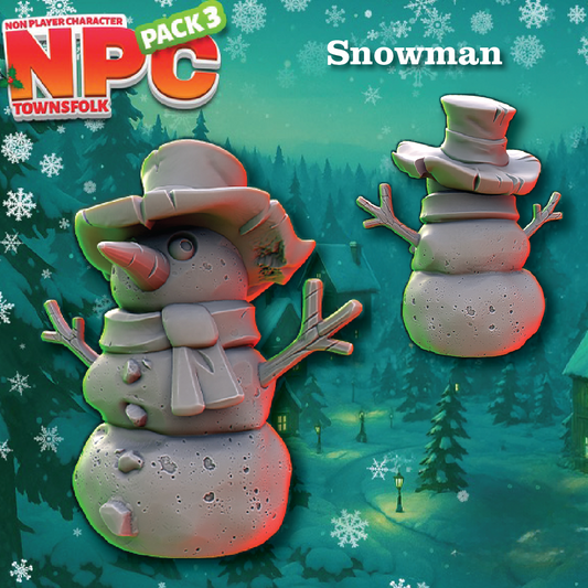 Snowman NPC character model from the 'NPC Townsfolk Pack 3' game asset pack, shown in a snowy forest setting. The image features two views of the snowman: a larger front-facing view on the left and a smaller rear view on the right.