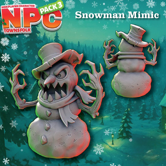 Promotional graphic for an NPC character pack featuring a Snowman Mimic from Townsfolk. The main subject is a detailed 3D model of a snowman with a top hat, scarf, and antlers, shown in a snowy forest setting alongside a smaller rear view.