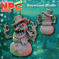 Promotional graphic for an NPC character pack featuring a Snowman Mimic from Townsfolk. The main subject is a detailed 3D model of a snowman with a top hat, scarf, and antlers, shown in a snowy forest setting alongside a smaller rear view.