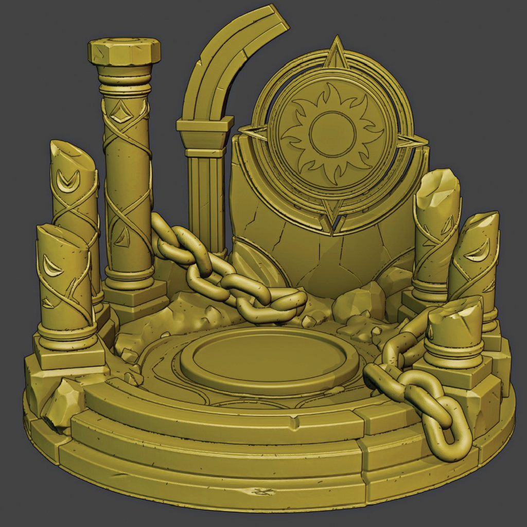Decorative stone pedestal with columns, chains, and a circular emblem on a dark background