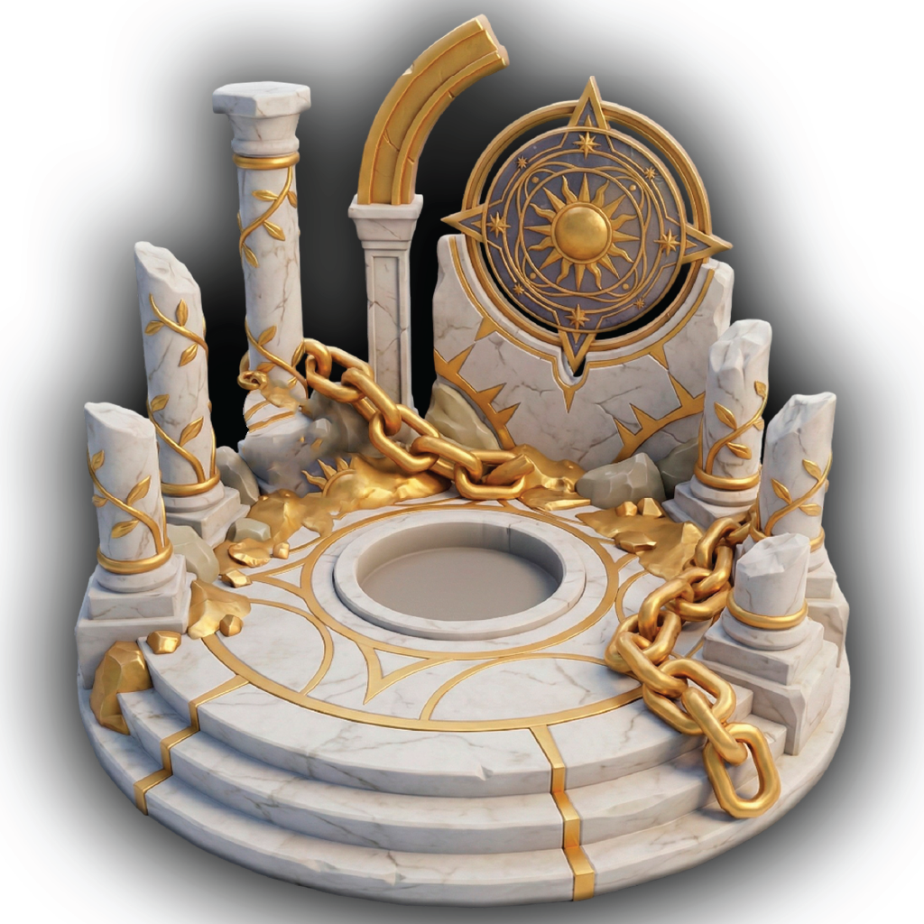 Decorative stone structure with gold accents and chains on a gray background