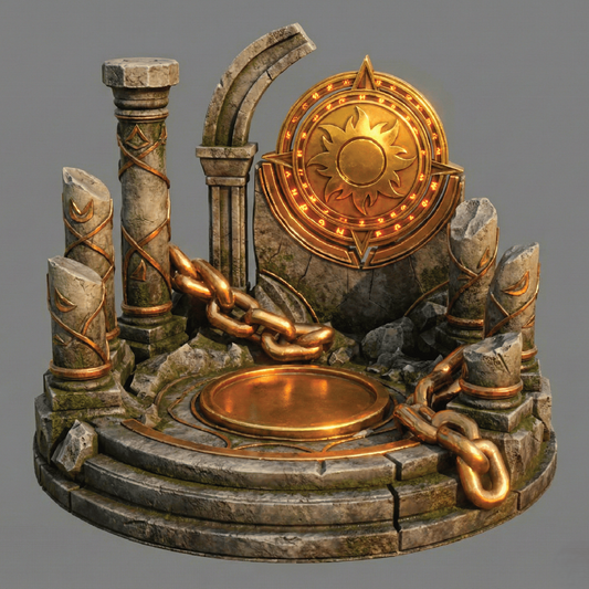 Decorative stone and gold sculpture with a circular design on a gray background