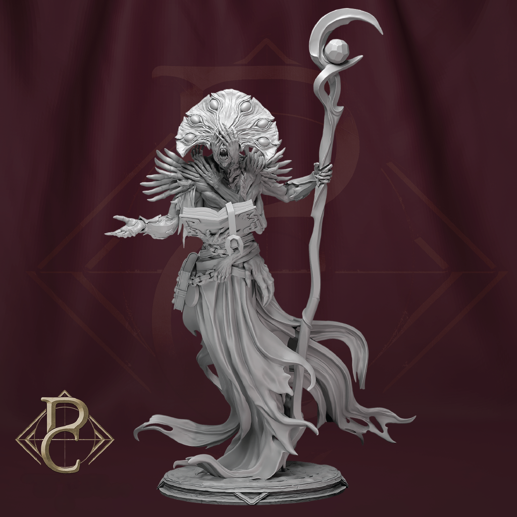 Gray fantasy figurine with a staff on a dark red background