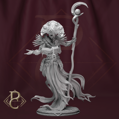 Gray fantasy figurine with a staff on a dark red background