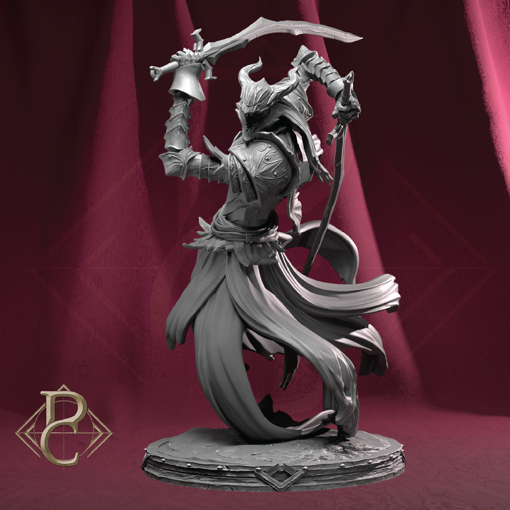 A monochrome fantasy figurine of a horned armored warrior holding a curved sword overhead and a bow on a round base, set against a dark red draped backdrop. A stylized 'BP' logo appears in the lower-left corner.