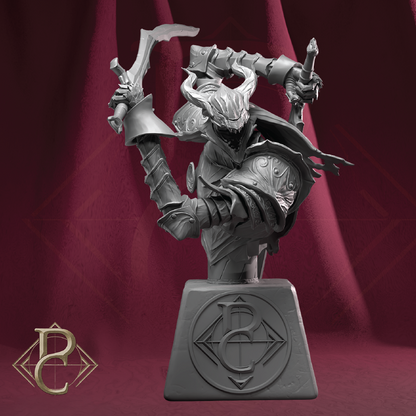 A gray fantasy warrior miniature figurine holding two curved swords, mounted on a square base with an embossed emblem, set against a dark red draped background. A gold 'Bath' logo is visible in the bottom-left corner.