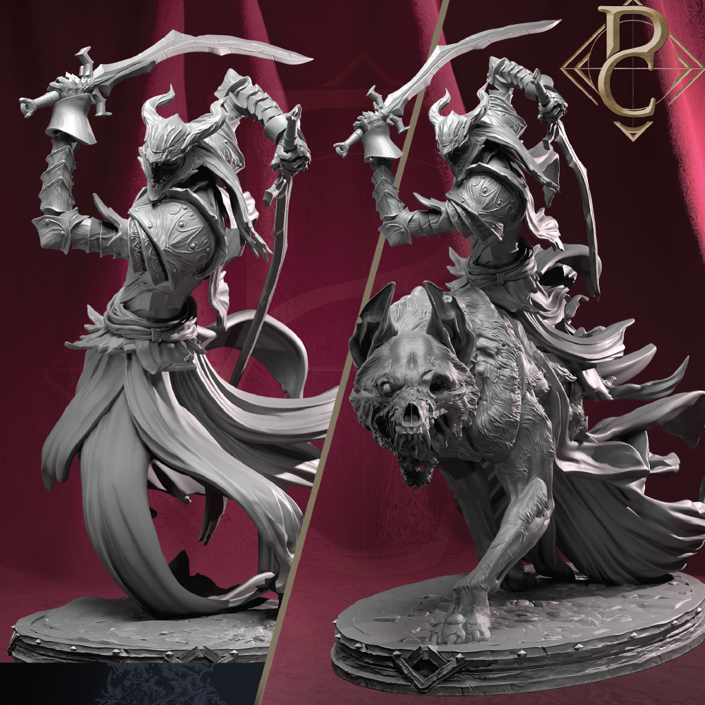 A monochrome fantasy miniature sculpture shown from two angles against a dark red backdrop. The figure appears to be an armored warrior or rider mounted on a skeletal beast, holding curved blades, with a circular base and a decorative emblem in the top-right corner.