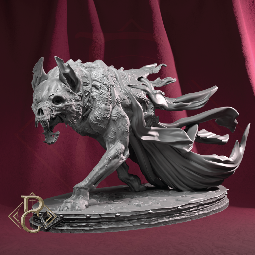 A gray fantasy creature figurine or 3D-printed model, shown in a dynamic crouching pose with a flowing tattered cloak, set against a dark red draped background.