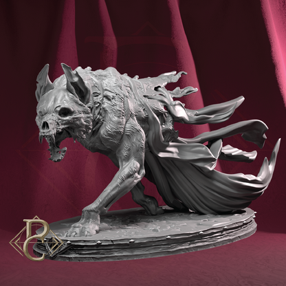 A gray fantasy creature figurine or 3D-printed model, shown in a dynamic crouching pose with a flowing tattered cloak, set against a dark red draped background.
