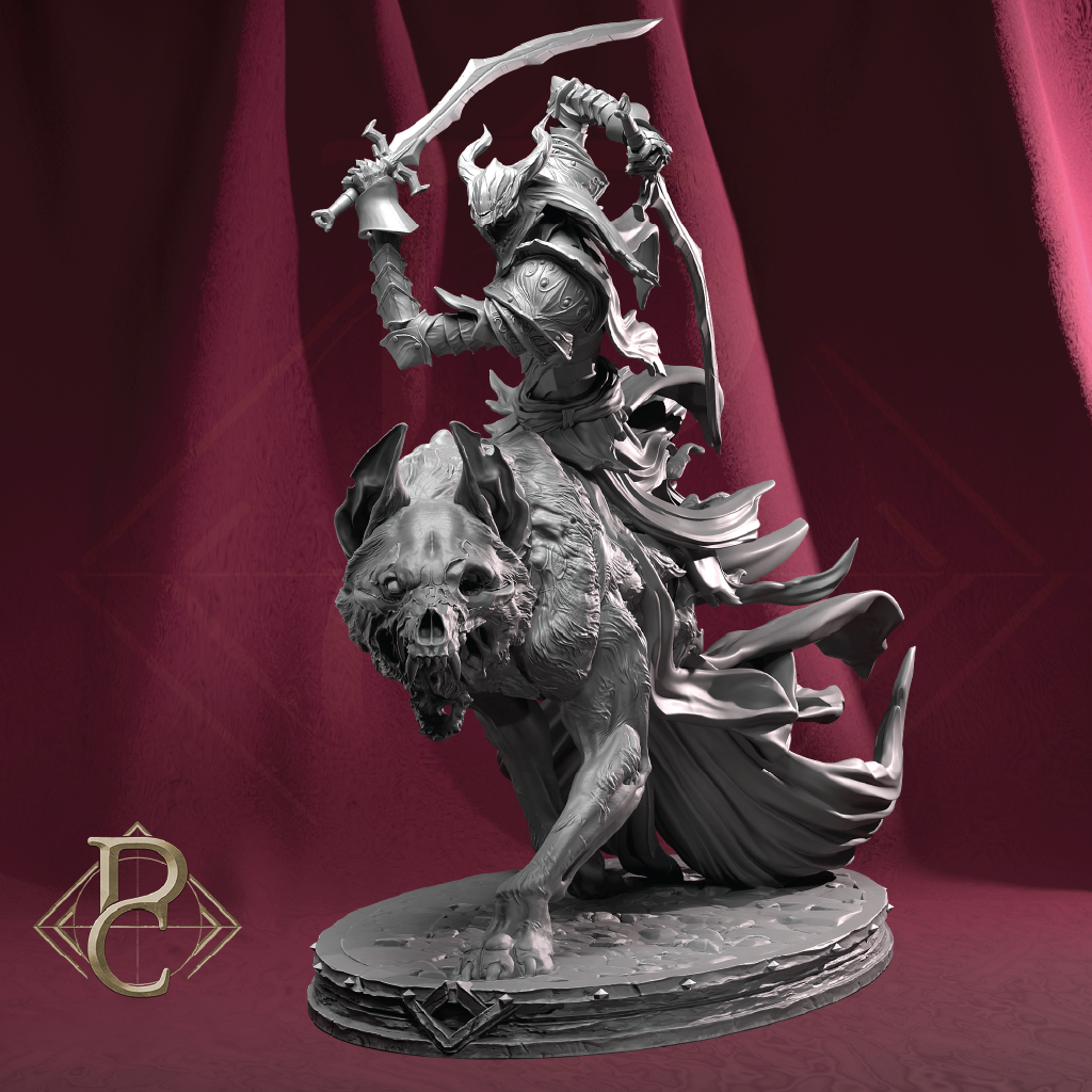 A monochrome fantasy miniature statue of a skeletal warrior riding a wolf-like creature, posed dynamically on a circular base against a draped burgundy backdrop. A stylized gold 'BP' logo appears in the lower-left corner.