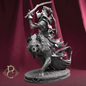 A monochrome fantasy miniature statue of a skeletal warrior riding a wolf-like creature, posed dynamically on a circular base against a draped burgundy backdrop. A stylized gold 'BP' logo appears in the lower-left corner.