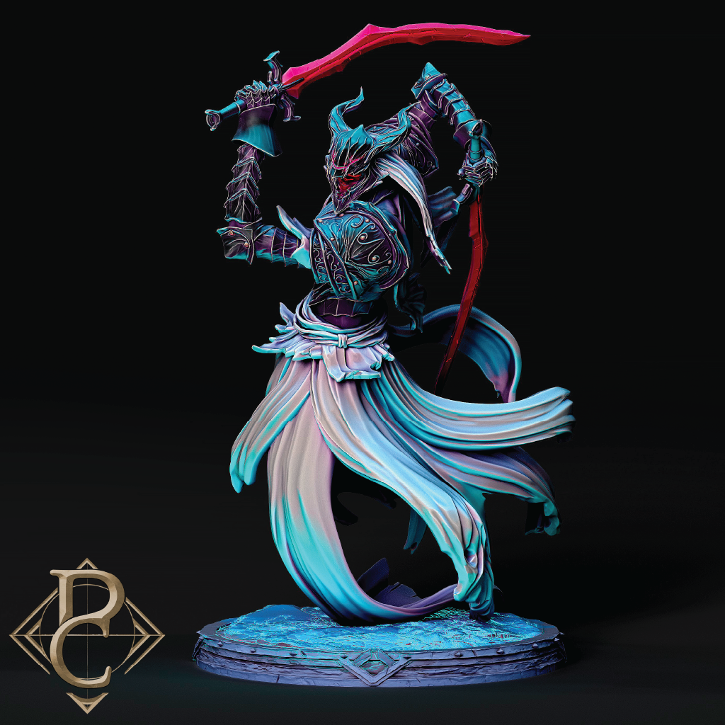 A fantasy warrior figurine or collectible statue posed mid-action on a circular base, with flowing blue, teal, and lavender fabric-like elements and bright red accents in the raised blade and hair. The background is solid black, and a stylized gold 'BC' logo appears in the lower-left corner.