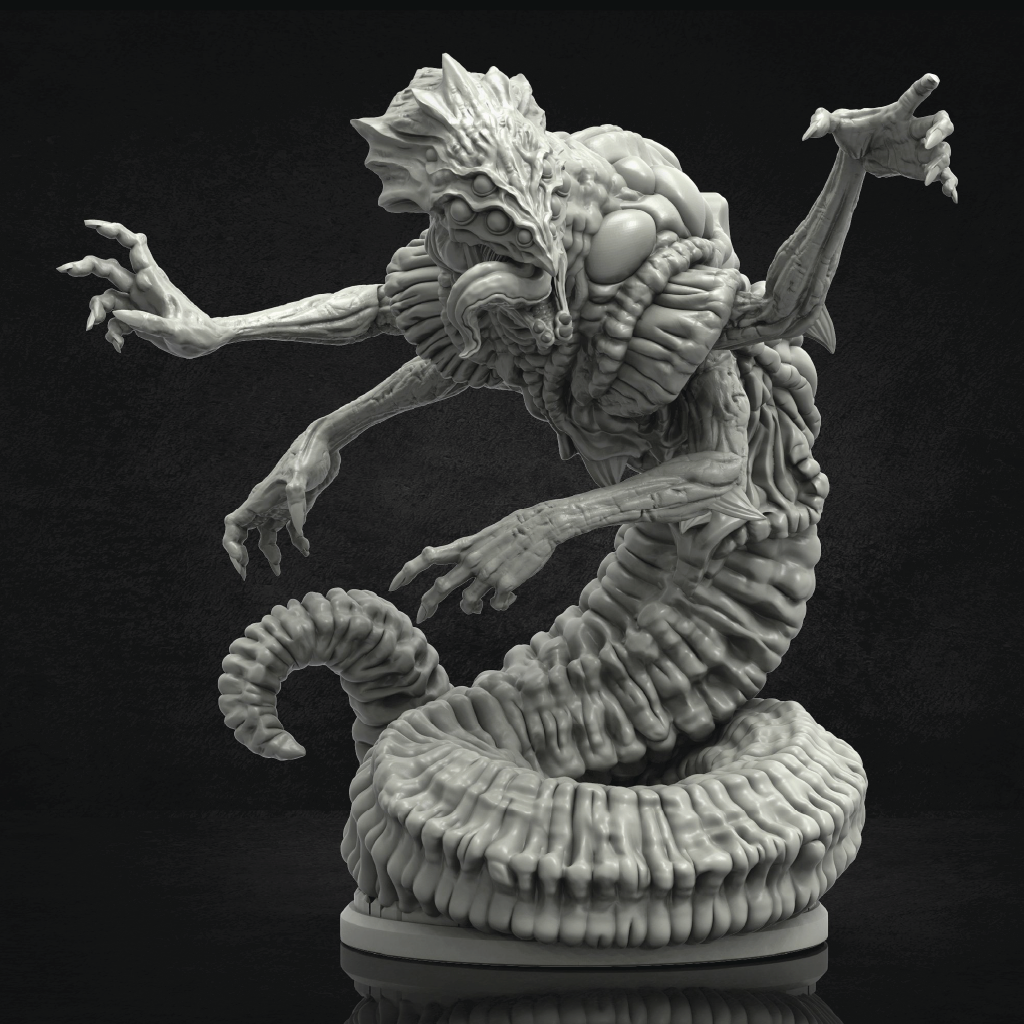 Monster figurine with snake-like body and humanoid head on a black background