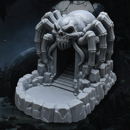 A render of a 3D model of a dice tower made of a craggy rock outcropping topped by a giant spider with a skull for a face, on a dark cave-like background