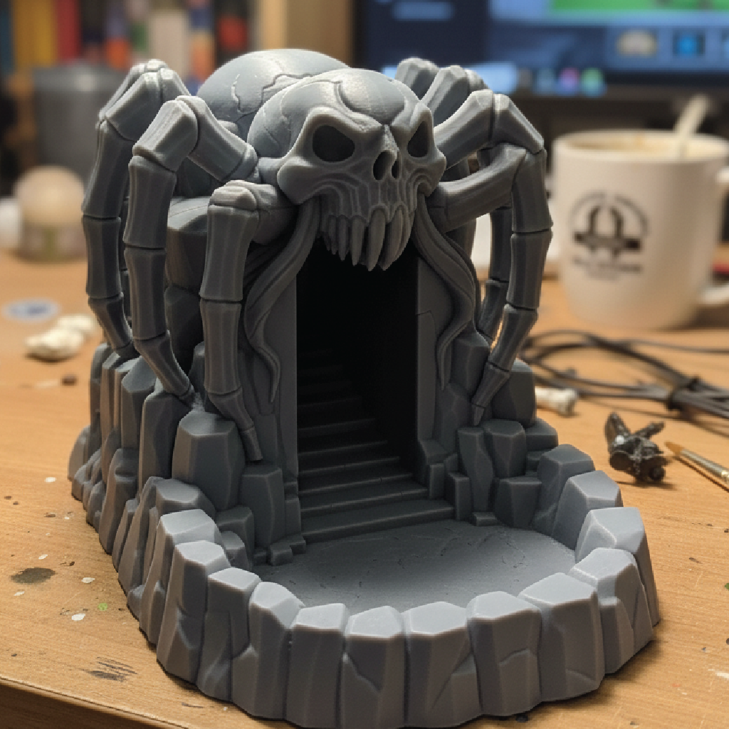 A 3D print of a dice tower made of a craggy rock outcropping topped by a giant spider with a skull for a face