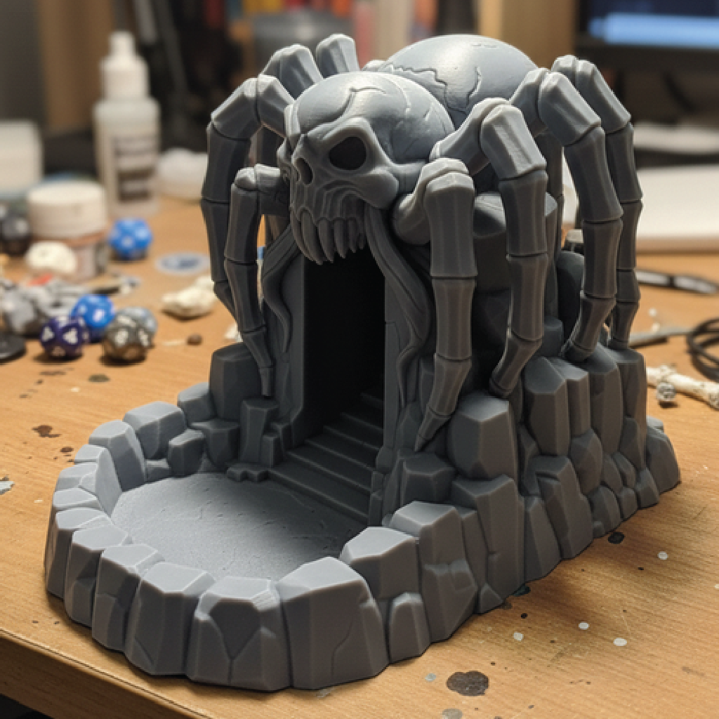 A 3D print of a dice tower made of a craggy rock outcropping topped by a giant spider with a skull for a face