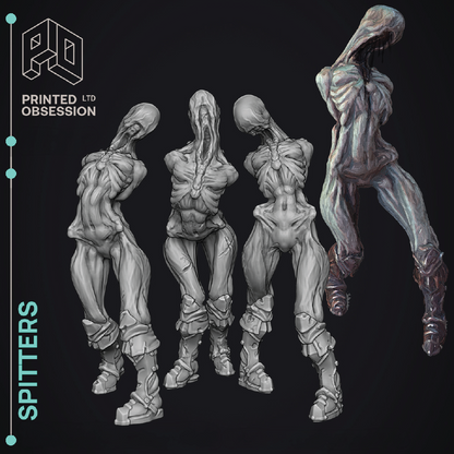 Four alien figure sculptures on a black background with 'Printed Obsession' branding.