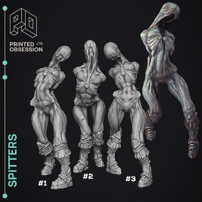 Four alien figure sculptures labeled #1, #2, #3, and #4 on a black background with 'Printed Obsession' branding.