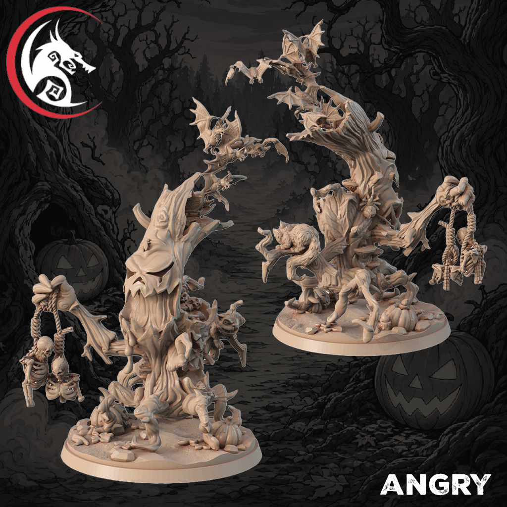 Two unpainted fantasy tabletop miniatures shaped like twisted tree spirits with skeletal and bat details, shown against a dark spooky forest background with jack-o'-lanterns. The Angry brand logo appears in the top-left corner, and the word ANGRY appears in the bottom-right.