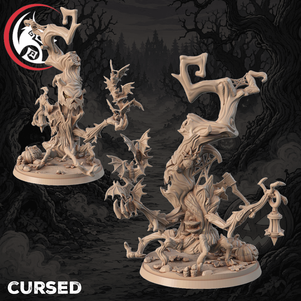 Two unpainted fantasy tabletop terrain pieces shaped like twisted cursed trees, shown on a dark illustrated forest background. One piece has a small figure attached near the base, and the other is larger with additional skeletal or monstrous details.