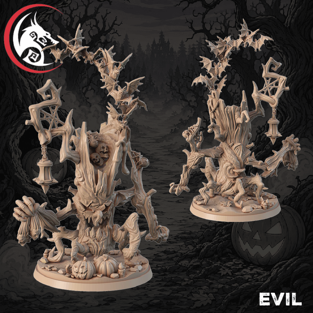 Two unpainted fantasy tabletop miniatures of twisted tree-like ghouls in a spooky forest setting. The left figure holds a lantern and has skeletal hands and skull details, while the right figure has skeletal horses and a skull on its head.