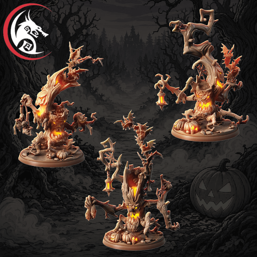 Three Halloween-themed tree-creature tabletop miniatures displayed on a dark forest background with pumpkins and a branded logo in the top-left corner.