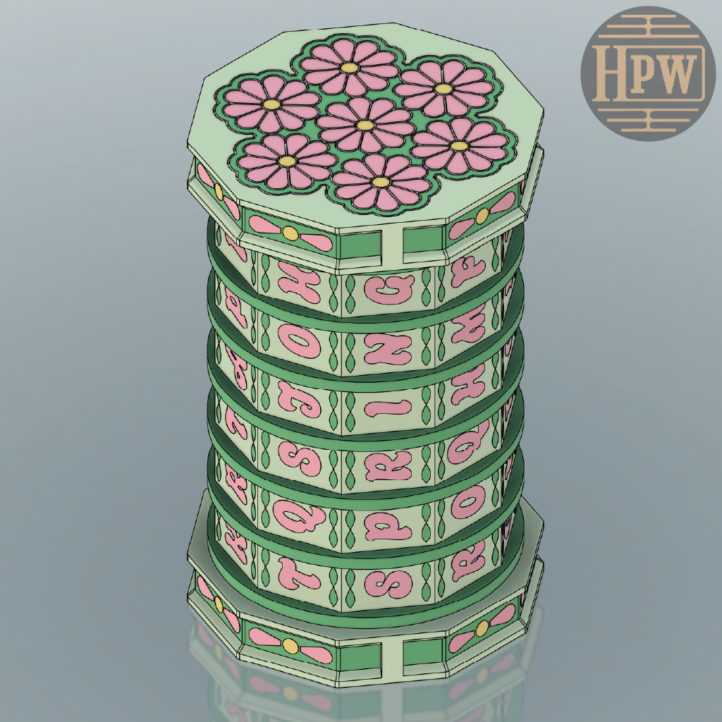 Decorative stack of paper circles with floral and letter designs on a gray background, featuring the brand 'HPW'.