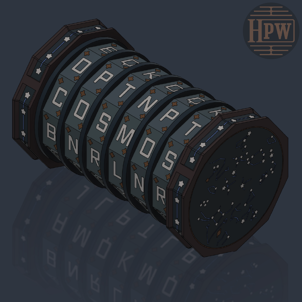 A dark, futuristic octagonal device with rotating dials displaying letters, set against a dark blue-gray background with a reflection below. A circular 'HPW' logo is visible in the top right corner.
