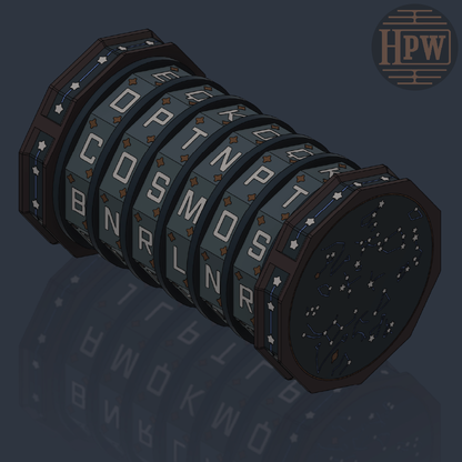 A dark, futuristic octagonal device with rotating dials displaying letters, set against a dark blue-gray background with a reflection below. A circular 'HPW' logo is visible in the top right corner.