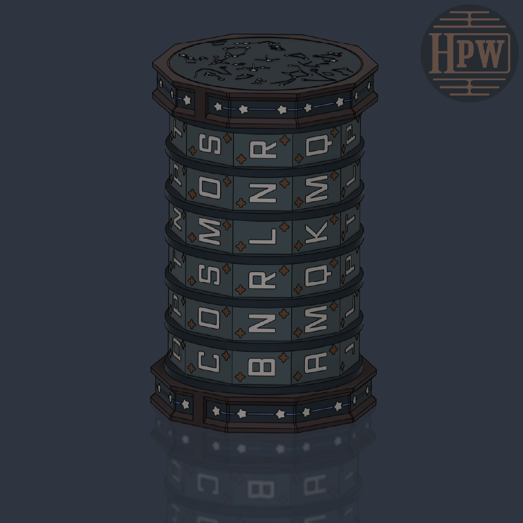 A stylized digital illustration of a dark gray and brown octagonal tower or stack of stacked discs, each labeled with a different letter, on a dark blue-gray background with a reflection below. An 'HPW' logo is visible in the top right corner.