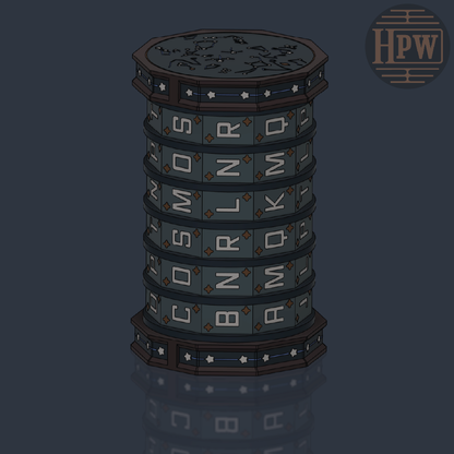 A stylized digital illustration of a dark gray and brown octagonal tower or stack of stacked discs, each labeled with a different letter, on a dark blue-gray background with a reflection below. An 'HPW' logo is visible in the top right corner.