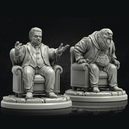 Two miniature figures of a man and a creature sitting on chairs against a black background