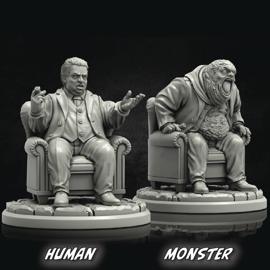 Two miniature figures labeled 'Human' and 'Monster' sitting on chairs against a black background.