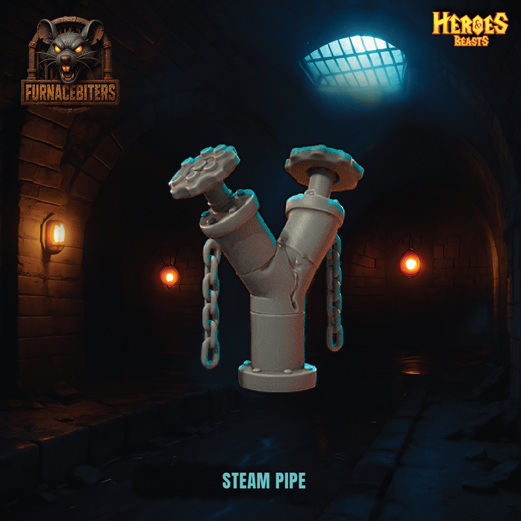 Steampunk-style steam pipe with chains in a dark, industrial setting, featuring 'Furnace Bitters' and 'Heroes Beasts' logos.