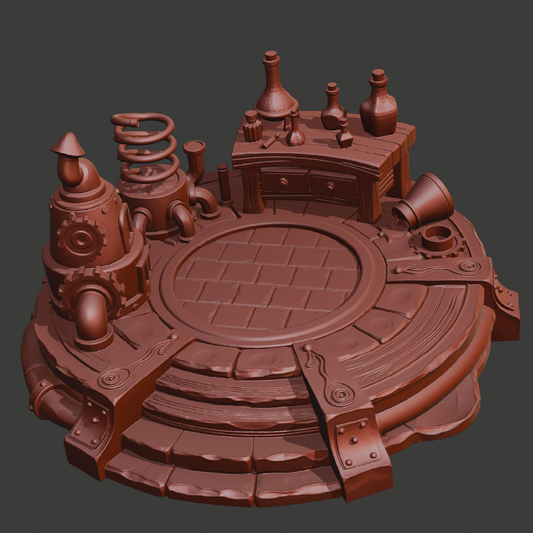 A 3D-rendered steampunk-themed circular platform with gears, pipes, bottles, and a small workbench, shown on a dark gray background.