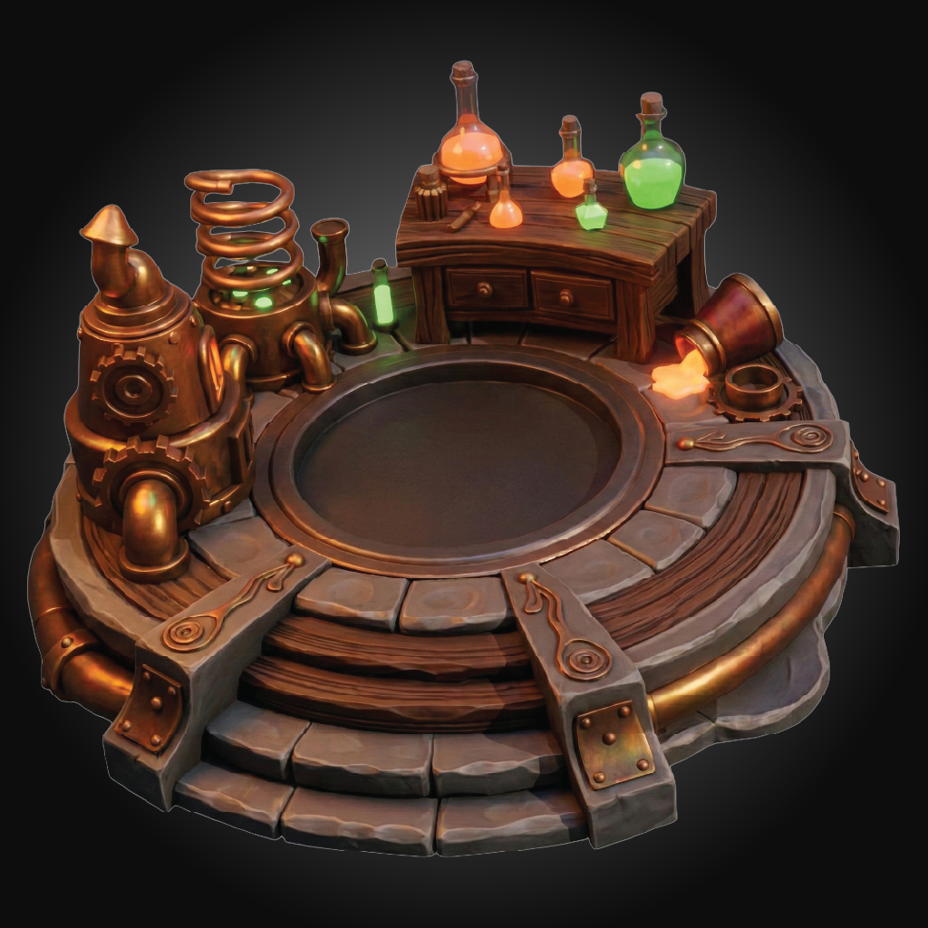 Steampunk laboratory set featuring a circular stone platform with a central well, copper-toned machinery, a wooden workbench with glowing multicolored potion bottles, and brass pipes, shown on a dark gradient background.