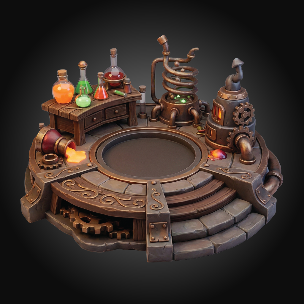 Steampunk-themed circular platform with gears, pipes, alchemy bottles, and glowing furnaces on a dark gradient background.