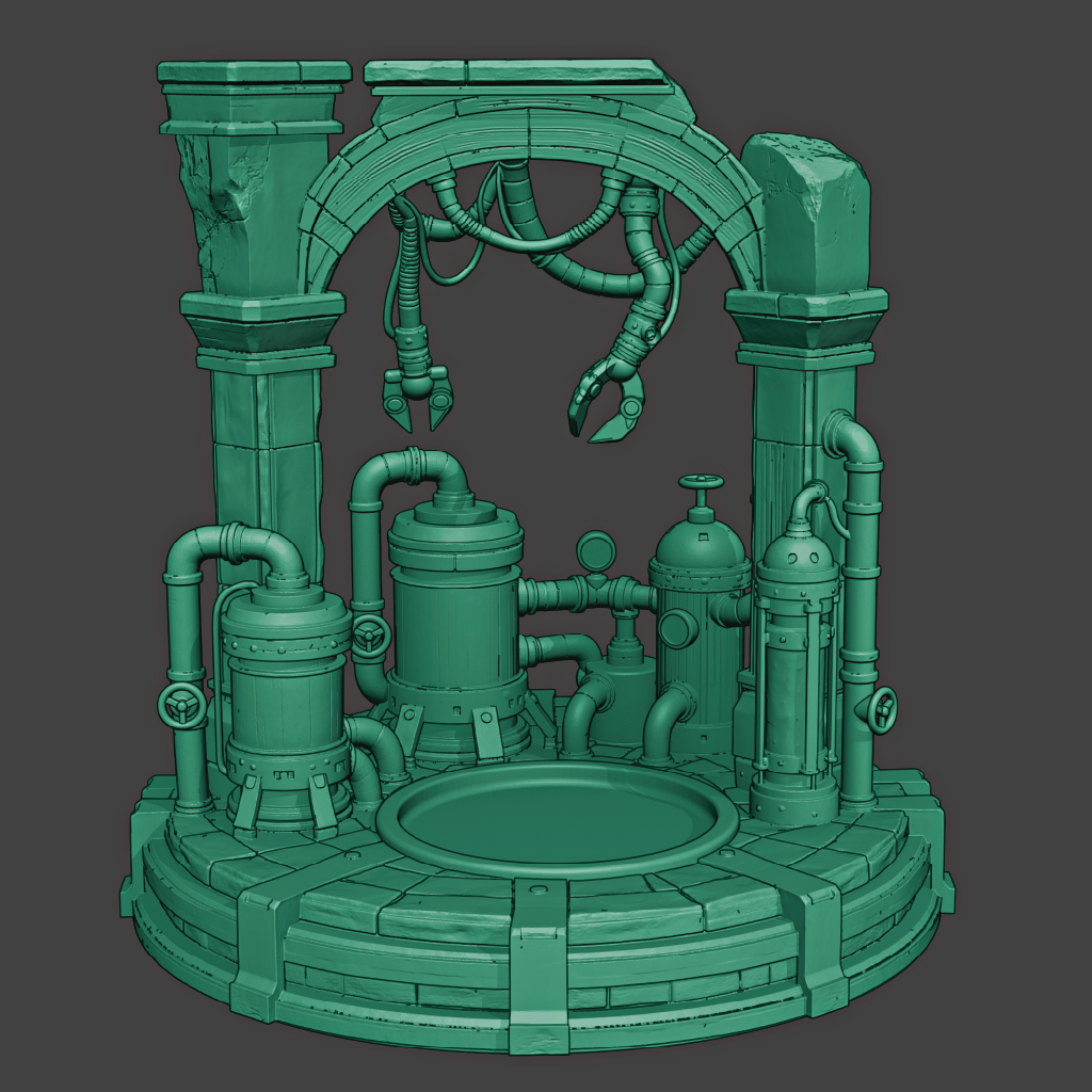 Green mechanical sculpture with pipes and arch on a gray background