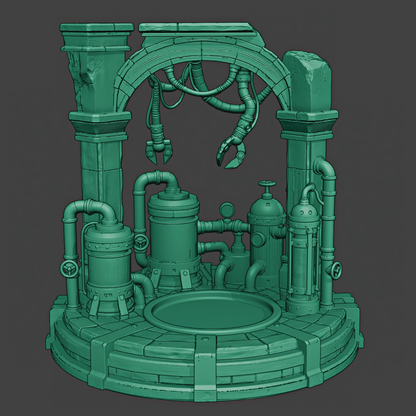 Green mechanical sculpture with pipes and arch on a gray background