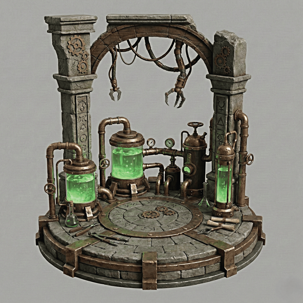Steampunk-style装置 with green glowing elements on a gray background